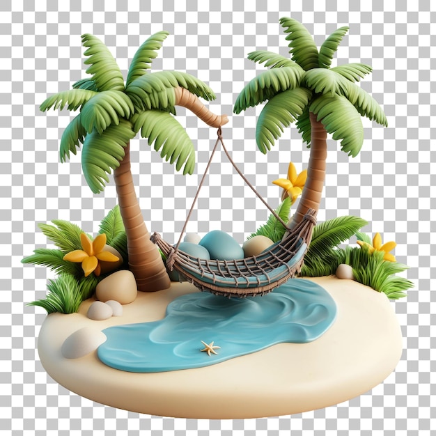 PSD tropical island paradise with hammock between palm trees