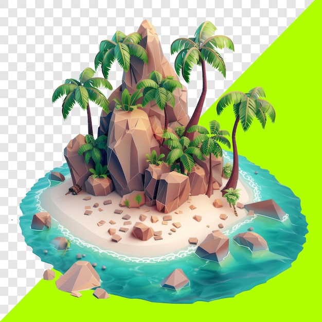 PSD tropical island with beach and coconut trees isometric 3d cartoon transparent background