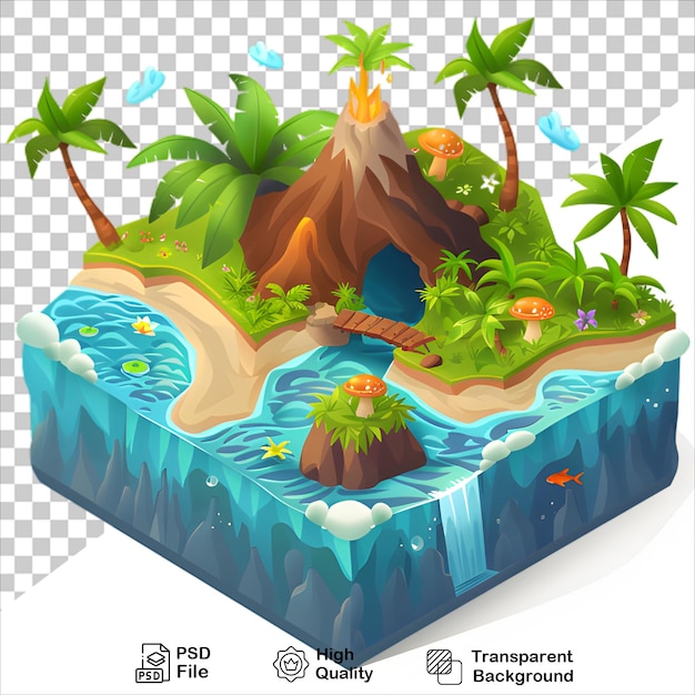 PSD tropical island with fountain 3d render transparent background