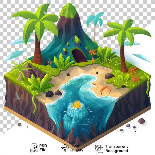 PSD tropical island with fountain 3d render transparent background