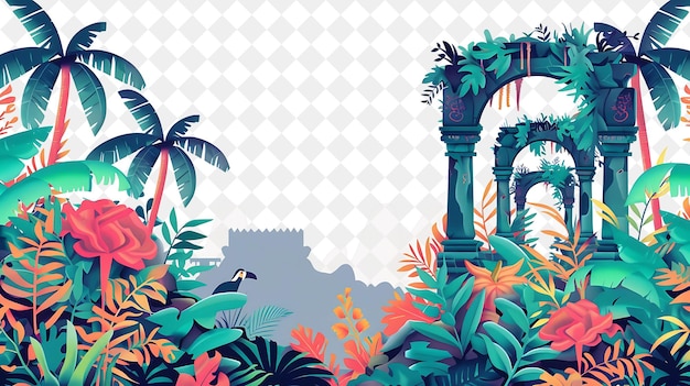 PSD a tropical landscape with palm trees and an old castle