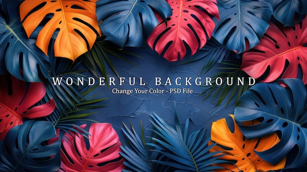 PSD tropical leaves arrangement on a blue background