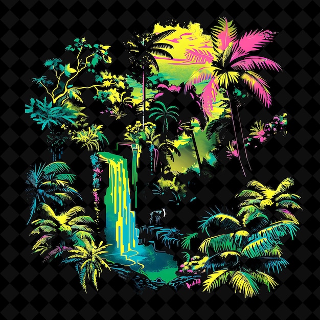 Tropical Neon Paradise Forest Inside a Silhouette Palm Tree PNG Neon Artistic Landscape