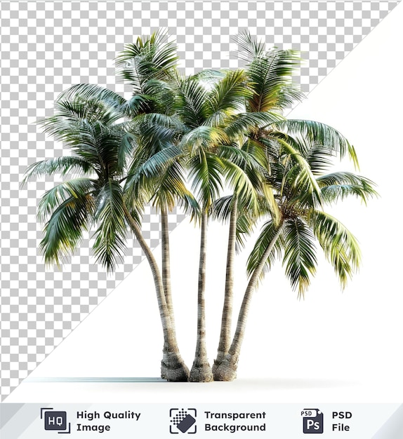 Tropical palm trees in various conditions stand tall against a clear blue sky with a single green