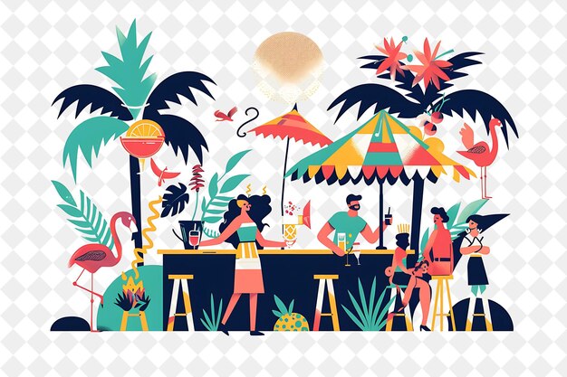 PSD tropical paradise with characters having a cocktail party de people life style flat illustration