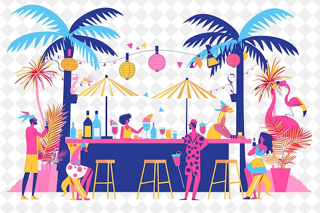 PSD tropical paradise with characters having a cocktail party de people life style flat illustration