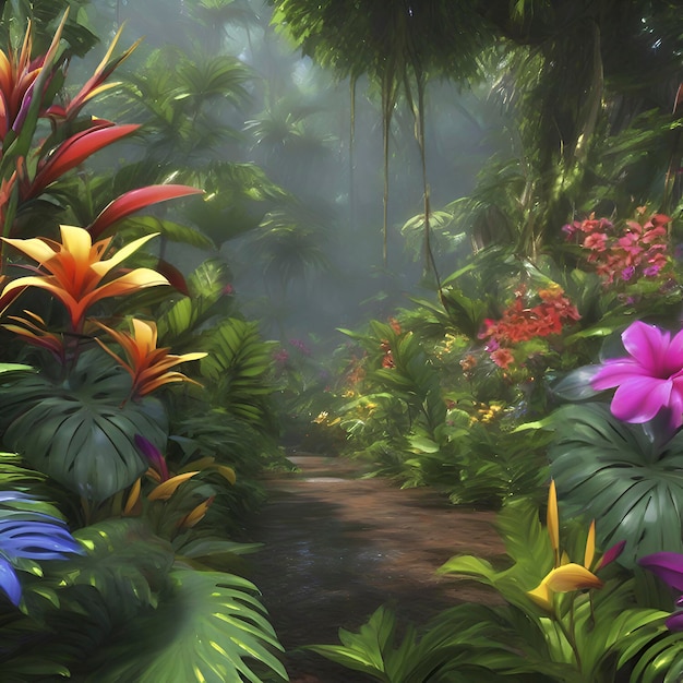 PSD tropical rainforests with colorful flowers in the morning in impressionist style aigenerated