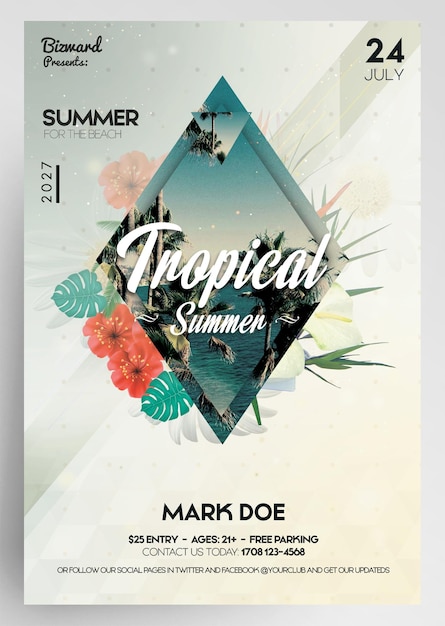 PSD tropical summer party minimal flyer design