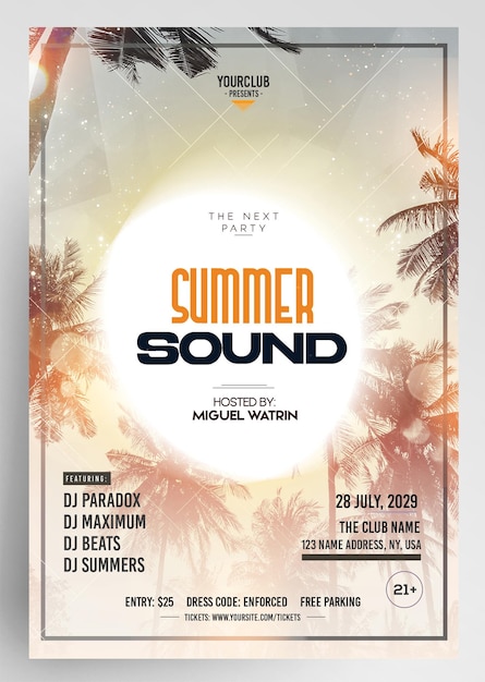 PSD tropical summer sound flyer template party