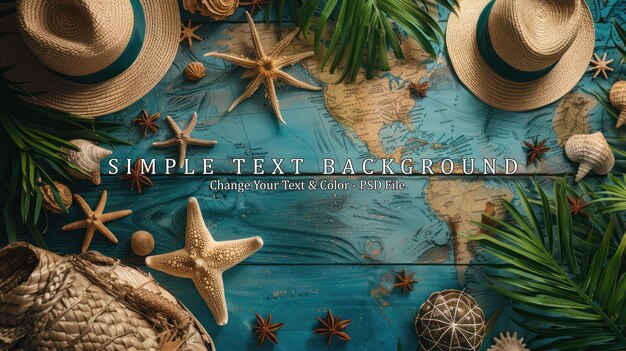 PSD tropical summer vacation essentials on a blue wooden background