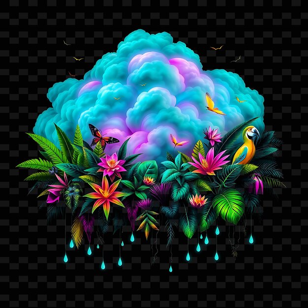 PSD tropical thundercloud teeming with glowing rainforest flora luminescent crea_isolated_neon_objectt