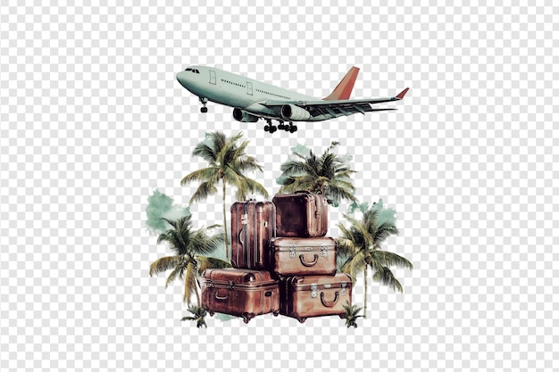 Tropical vacation luggage with airplane and palm trees isolated on a transparent background