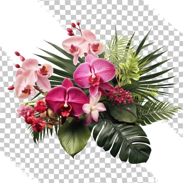 Tropical vibes plant bush floral arrangement with tropical leaves Monstera and fern and Vanda orchids tropical flower decor on tree branch liana vine plant isolated on transparent background