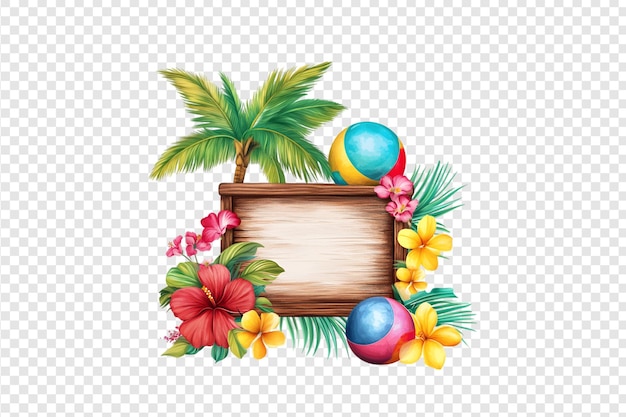 PSD tropical wooden sign with flowers and beach ball isolated on a transparent background