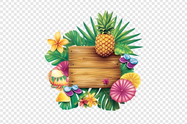 PSD tropical wooden sign with flowers and beach ball isolated on a transparent background