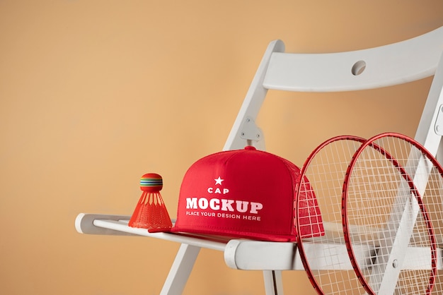 Trucker hat mock-up with badminton set