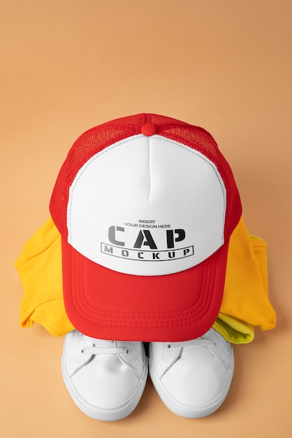 Trucker hat mock-up with sneakers