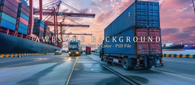 Trucks transporting cargo containers at the port during sunset