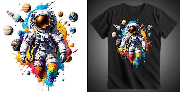 PSD tshirt design with an astronaut in a space suit floating in space with stars and planets