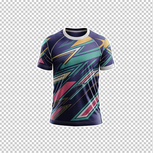 The tshirt features a vibrant geometric pattern with dynamic lines and shapes