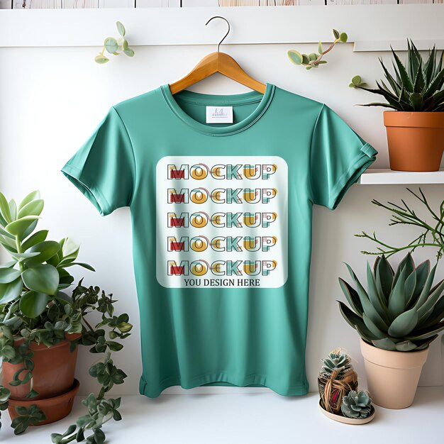 PSD tshirt for mockup design wall background with indoor plant