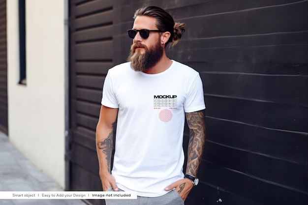 PSD tshirt mockup of a man with a long beard and sunglasses