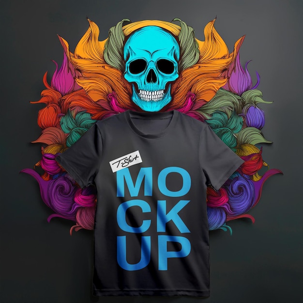 PSD tshirt mockup with colorfull skull surrounded it aestethic style