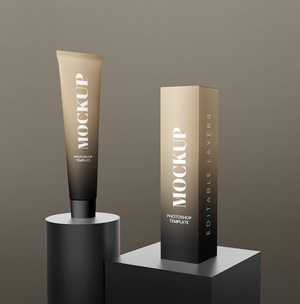 Tube cosmetic and box mockup on stage podium luxury