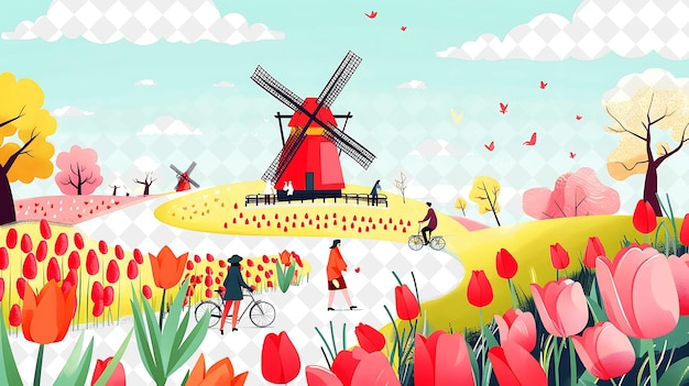 Tulip Festival With Characters Strolling Through a Tulip Fie PNG Festival 2D Flat Art Illustrations