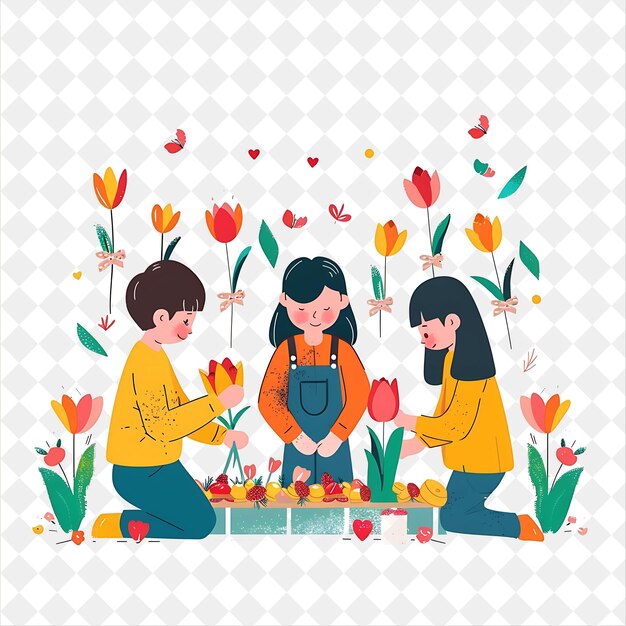 PSD tulip festival with children making tulip crafts design is b png festival 2d flat art illustrations