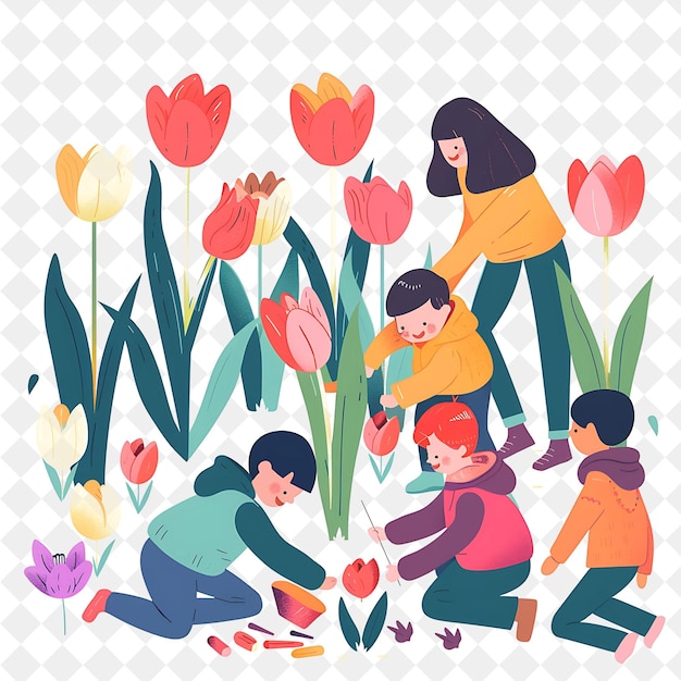 PSD tulip festival with children making tulip crafts design is b png festival 2d flat art illustrations