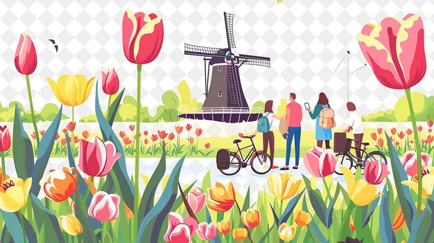 PSD tulip festival with tourists taking photos of colorful tulip png festival 2d flat art illustrations