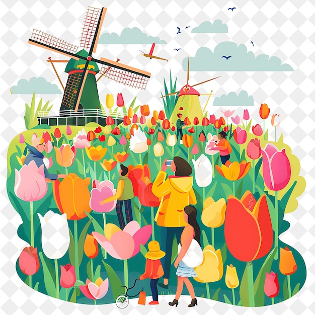 Tulip Festival With Tourists Taking Photos of Colorful Tulip PNG Festival 2D Flat Art Illustrations