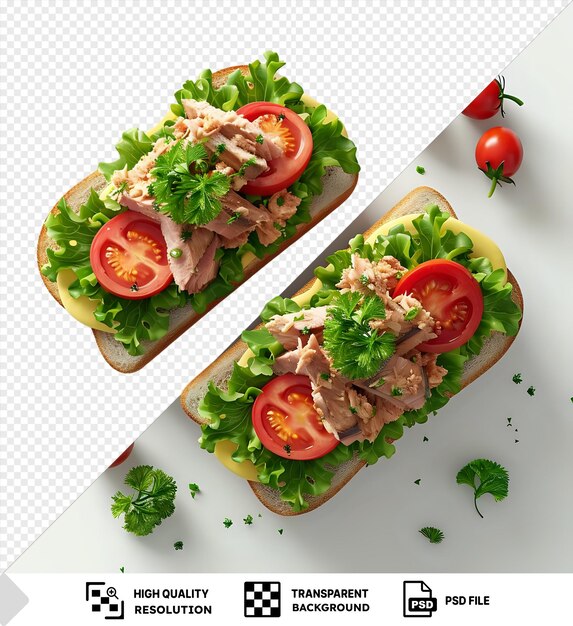 PSD tuna salad sandwiches with tomatoes and lettuce on a white background isolated