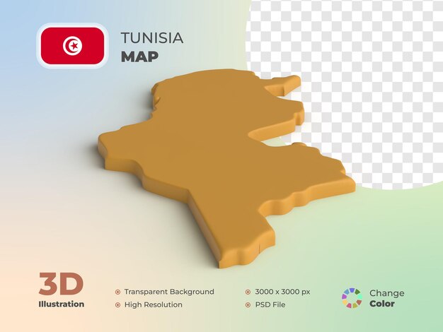 Tunisia country map 3d render with transparent background and can change color