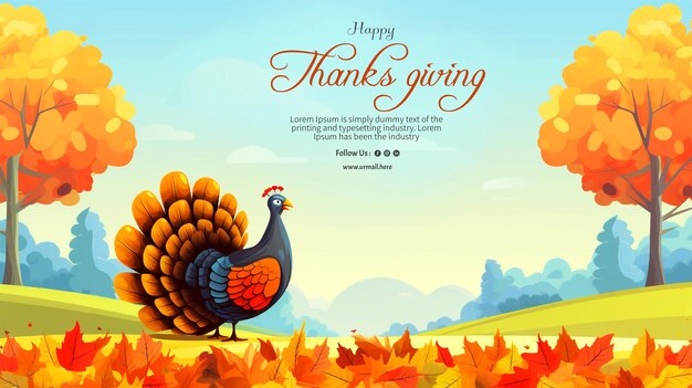 PSD turkey holiday happy thanksgiving greeting card with cute turkey character