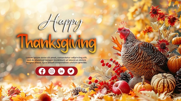 a turkey is surrounded by autumn foliage and has a happy thanksgiving greetings