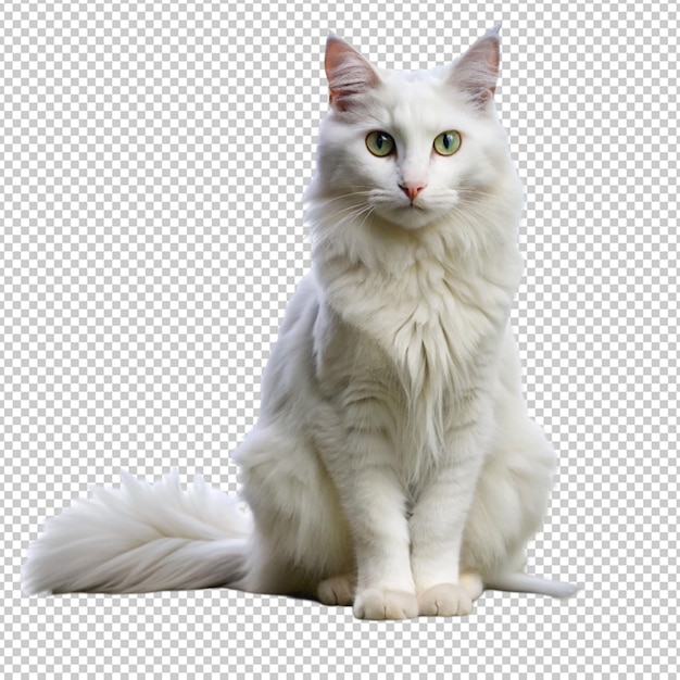 PSD turkish angora cat with white fur sitting on transparent background