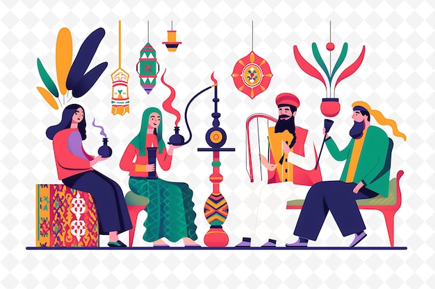 PSD turkish characters enjoying a hookah design is exotic and re illustration cutural landscape view