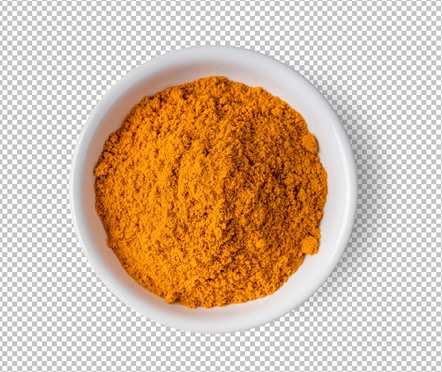 Turmeric powder in ceramic bowl isolated on alpha layer