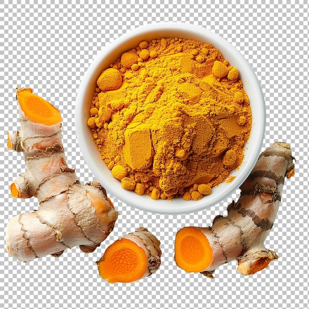 PSD turmeric powder and turmeric isolated on white background