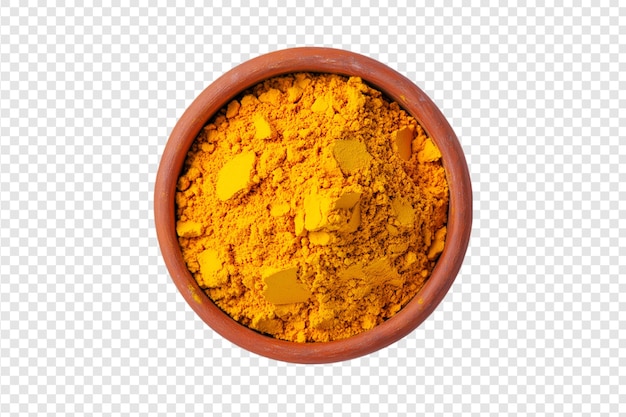 PSD turmeric powder in wooden bowl isolated on a transparent background