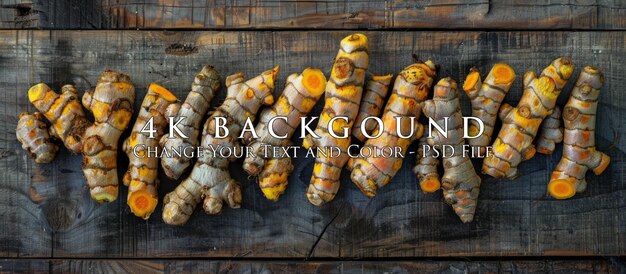 Turmeric Roots on Wooden Background