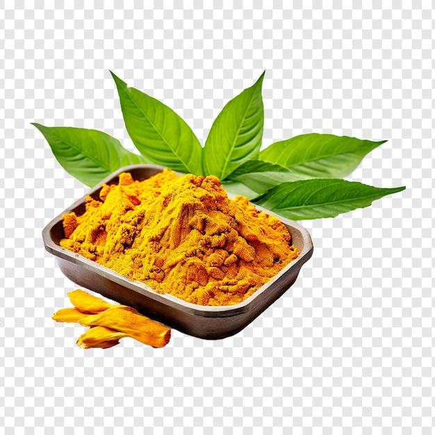 PSD turmeric spice in a wood ash bowl isolated on transparent background