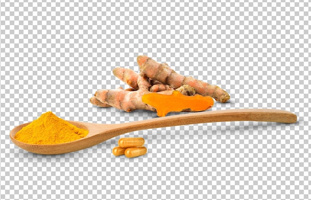 Turmeric in a wooden spoon and turmeric powder and turmeric capsule on white background