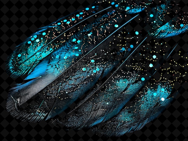 PSD turquoise dust feathers with turquoise glowing dust feather magic neon color on dark background