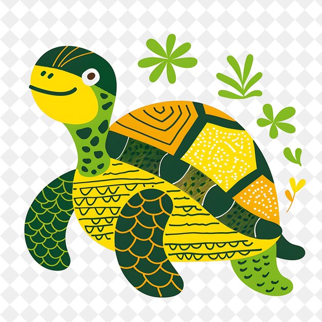 PSD turtle in green and yellow with green eyes and a green flower in the background