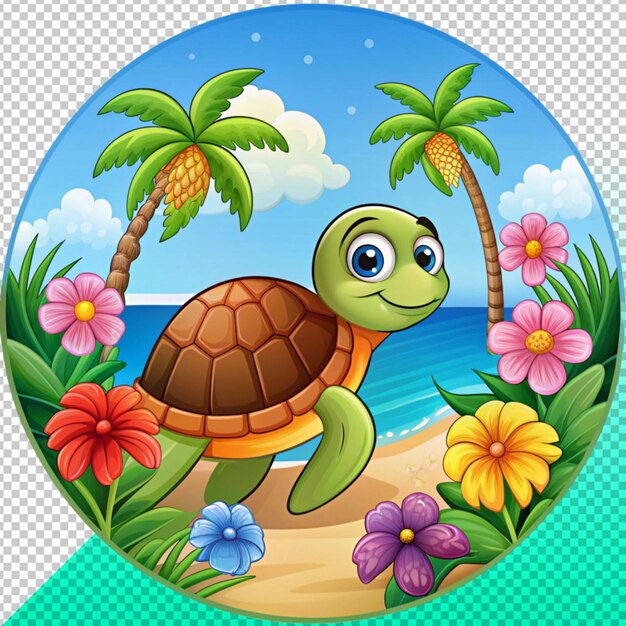 turtle in ocean scene with palm tree on transperent background