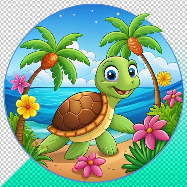 turtle in ocean scene with palm tree on transperent background