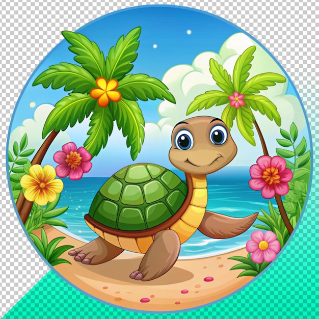 turtle in ocean scene with palm tree on transperent background